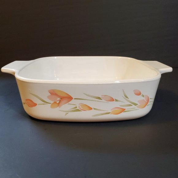 Corningware Peach Floral 1 Liter Casserole Dish Corning Flowers Square Baker - Picture 1 of 9